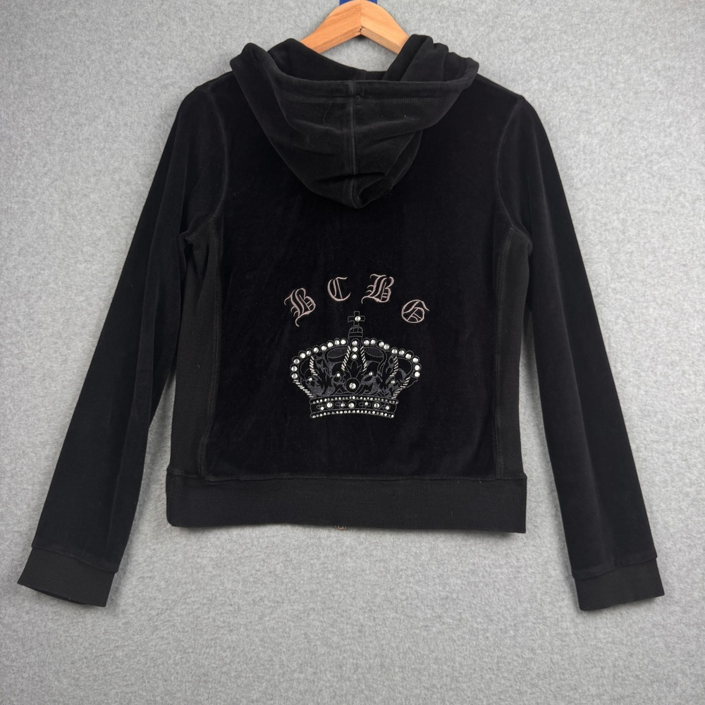 Vintage BCBGMAXAZRIA Hoodie Womens Medium Black Velour Rhinestone Crown Y2K Zip